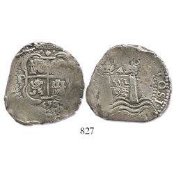 Potosi, Bolivia, cob 4 reales, 1653/2E, 1-PH-6 at top, very rare.