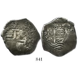 Potosi, Bolivia, cob 4 reales, 1687VR.