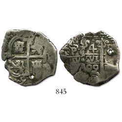 Potosi, Bolivia, cob 4 reales, 1699F, rare.