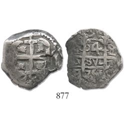 Potosi, Bolivia, cob 4 reales, 1751q/E, very rare.
