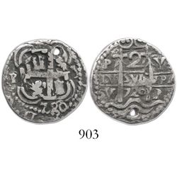 Potosi, Bolivia, cob 2 reales Royal, 1720Y, very rare.