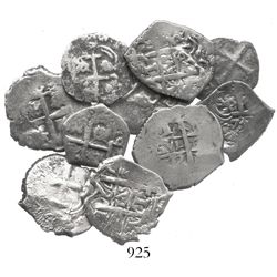 Lot of 10 Potosi, Bolivia, cob 1 reales, Philip V, all with visible dates.