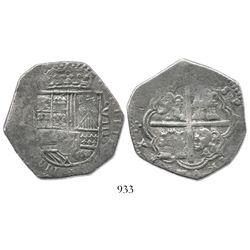 Bogota, Colombia, cob 8 reales, Philip IV, assayer not visible (1630s-40s), lions and castles transp