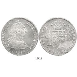 Potosi, Bolivia, bust 8 reales, Charles IV transitional (bust of Charles III, ordinal IV), 1789PR.