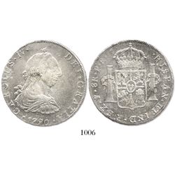 Potosi, Bolivia, bust 8 reales, Charles IV transitional (bust of Charles III, ordinal IV), 1790PR.