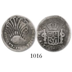 Potosi, Bolivia, bust 2 reales, Charles IV, 17??PR, bust engraved into the shape of a plume.