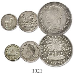 Lot of 3 Potosi, Bolivia, silver minors: (2 soles), 1862FJ; (1/2 sol), 1860FJ; 1/4 sol, 1852.