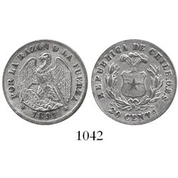Santiago, Chile, 20 centavos, 1891, 0.2 fine (debased).