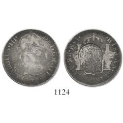 El Salvador, 2 reales, arms countermark (Type V, 1868) on a Mexico City, Mexico, bust 2 reales of Ch