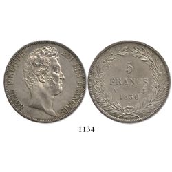 France (Paris mint), 5 francs, Louis Philippe (without ordinal), 1830-A, raised lettering on edge, r