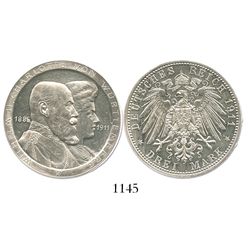 Württemberg, German States, proof 3 mark, Wilhelm II, 1911-F, wedding anniversary, variety with high
