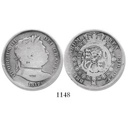 London, England, half crown, George III ("bull-head" type), 1817, with countermarks A.H.R on chest a