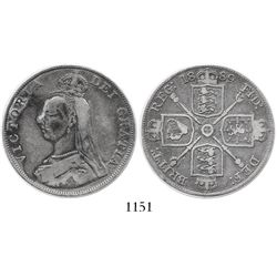 London, England, double florin, Victoria, 1889, inverted 1 for second I in queen's name.