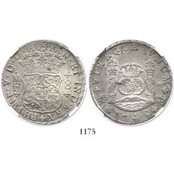 Mexico City, Mexico, pillar 8 reales, Philip V, 1745MF, encapsulated NGC MS 61.