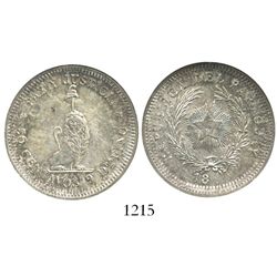 Paraguay, pattern 50 centavos (unfinished date), struck over Argentina 50 centavos 1883, encapsulate