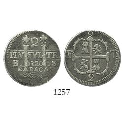 Caracas, Venezuela, 2 reales, 1820, castle at upper-left, "B.-.S" (rare variety, unlisted in KM).