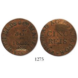 Madeira Islands, copper 50 reis token, 1802, I.W. Phelps & Co., with incuse "F.I." countermark (Fern
