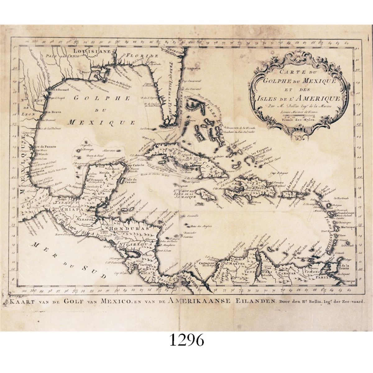 1762 Dutch copper-plate engraving of a French map of the Caribbean by ...