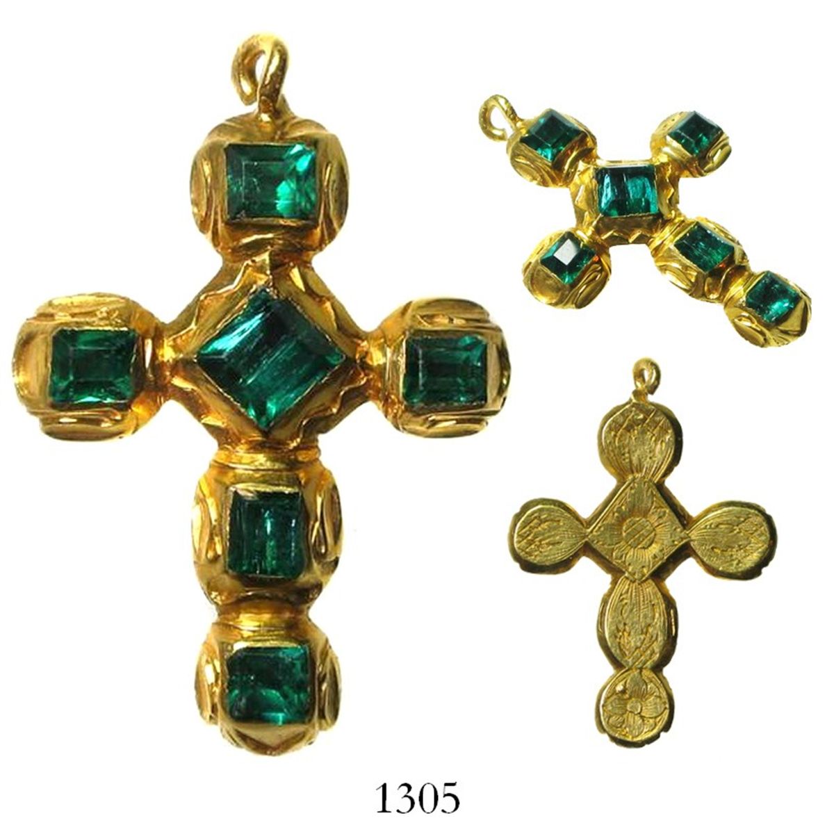 Gold Cross Studded With 6 High grade Emeralds Intricately Engraved On Back Gold Cross Studded With 6 High grade Emeralds Intricately Engraved On Back