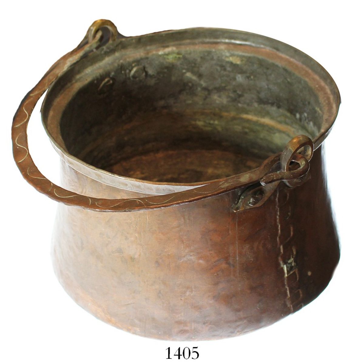 US colonial-era copper pot with stitched bottom, late 1700s.