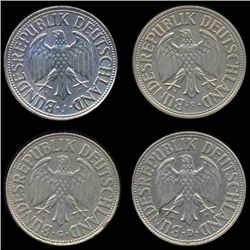 1956 D/F/G/J Germany 1 Mark Hi Grade RARE 4 Pcs (COI-8139)