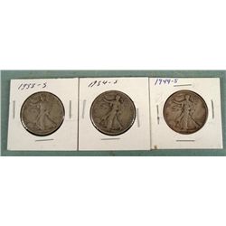 3 Silver Walking Liberty Half Dollars 1933-S, 34-S 44-S