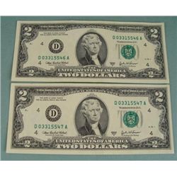 2 Consec # 2003 A $2 Bills D Mint Cleveland Notes CU