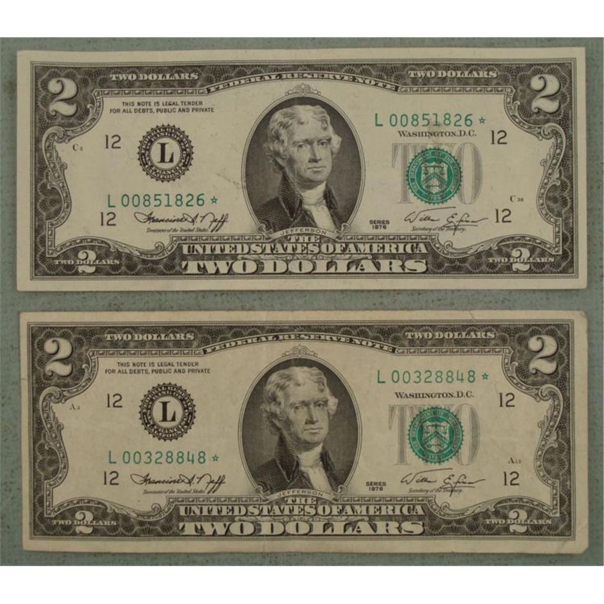 2 Star Notes 1976 $2 Bill L Mint San Francisco