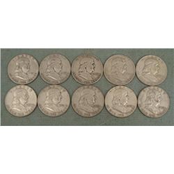 10 Diff Date Franklin Silver Half Dollars 1951-1963
