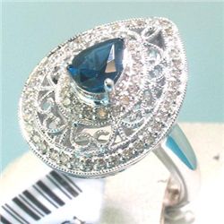 Blue Sapphire and 6 3/4 Diamonds Ring 14K White Gold