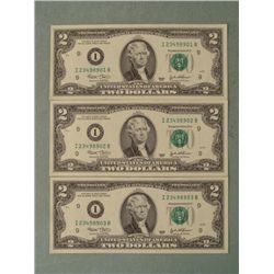 3 Consec # 2003 $2 Notes I Mint Minneapolis Bills CU