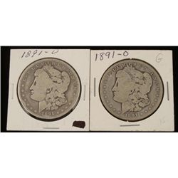 2 1891-O Morgan Silver Dollars