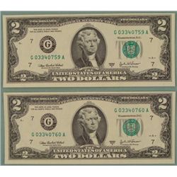 2 Consec # CU 2003 A $2 Bills Notes G Mint Chicago