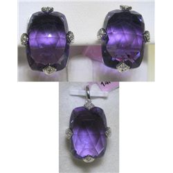 Amethyst & Diamonds 14K White Gold Earrings & Pendant