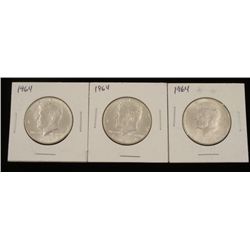 (3) 90% Silver UNC Kennedy Half Dollars 1964, 64-D