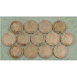 13 Diff Date V Liberty Head Nickels -Nice Coins