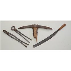 Lot of four California Gold Country mining  camp relics including a pick with forged iron  attachmen