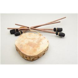 Contemporary Indian drum with hide covers and  wood frame, approx. 11” in diameter with  five hide-p