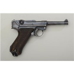 German Luger semi-auto pistol, 9mm cal., 4”  barrel, blue finish, checkered wood grips,  #2080. This