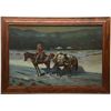 Image 1 : Large oak framed print on canvas by “A.  Perez” of a cowboy on his horse with a pack  horse at night