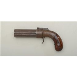 Allen six-shot pepperbox pistol, .32 cal.,  3-1/2” barrels, brown finish, engraved frame,  wood grip