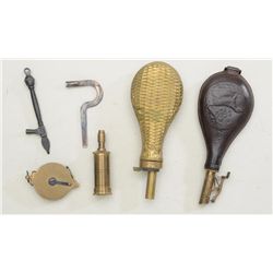 Misc. lot of loading accessories including an  antique embossed leather powder flask with  Am. Flask