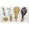 Image 1 : Misc. lot of loading accessories including an  antique embossed leather powder flask with  Am. Flask