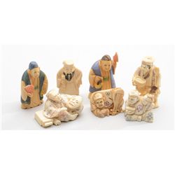 Lot of 7 carved ivory netsuke figurines, each  a different personage including a drummer, a  farmer,