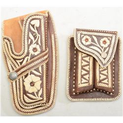 Mexican leather holster for a large frame  semi-auto pistol with matching two position  magazine hol