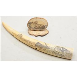 Lot of two pieces of scrimshaw including a  small tusk approx. 10” overall with whaling  scene and a