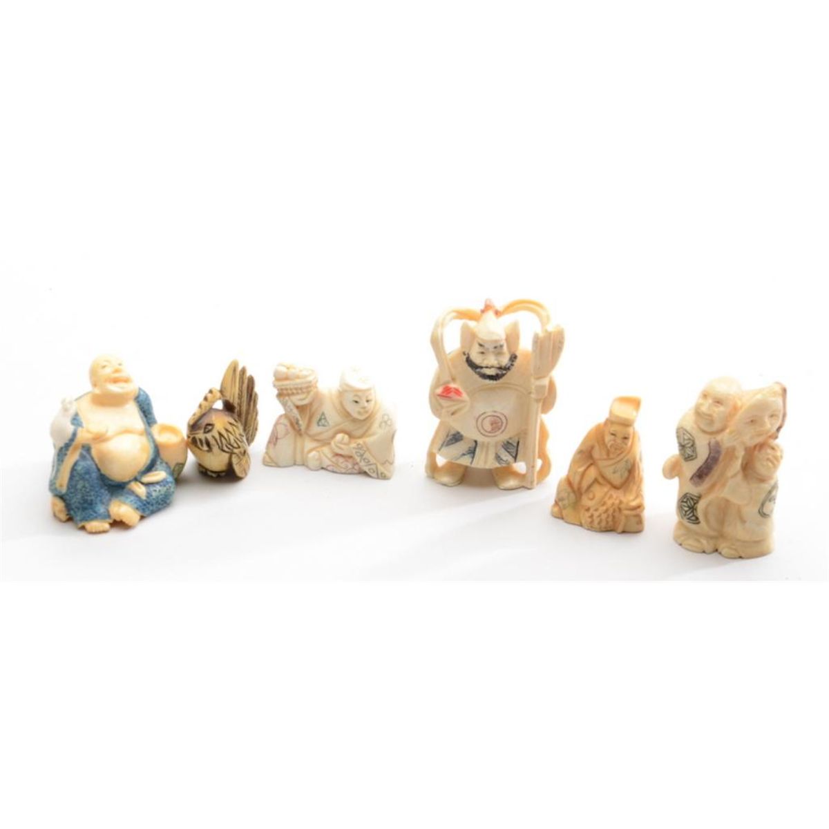 Lot of 6 carved ivory netsuke figurines including five different male