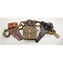 Military surplus pouches, primarily German,  two U.S. WW II era holsters, one with web  belt, etc.  