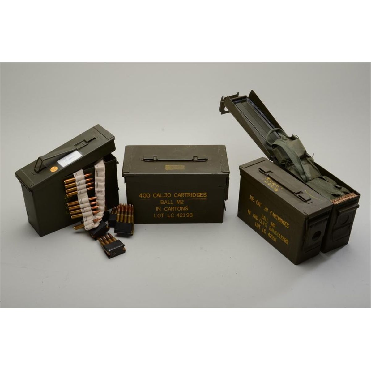 Lot of military surplus ammunition, .3006 caliber; one military metal