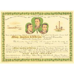 1890s: Allen Larkin & O'Brien ("Fenian Martyrs") Memorial, Kilrush, Co. Clare, certificate of subscr